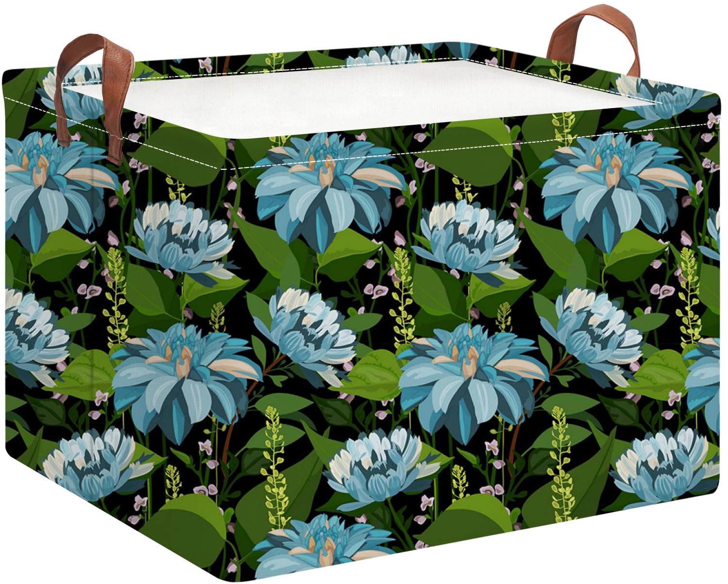 HKEC Rectangle Storage Basket with blue flower pattern side view for organized playroom storage.