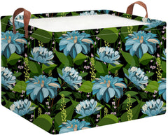 HKEC Rectangle Storage Basket with blue flower pattern side view for organized playroom storage.