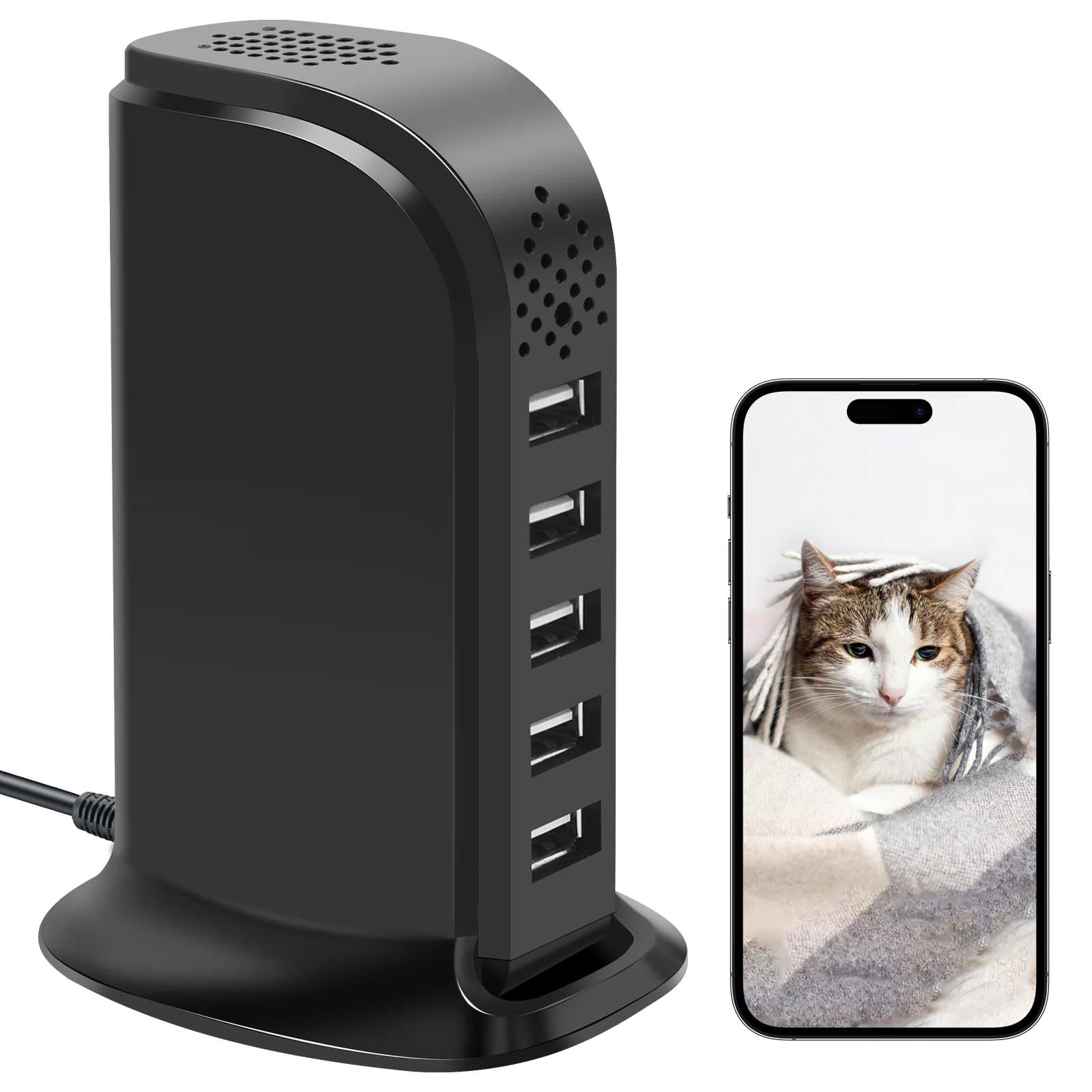 HKFUG WiFi USB Charger Camera front view, discreet home monitoring.