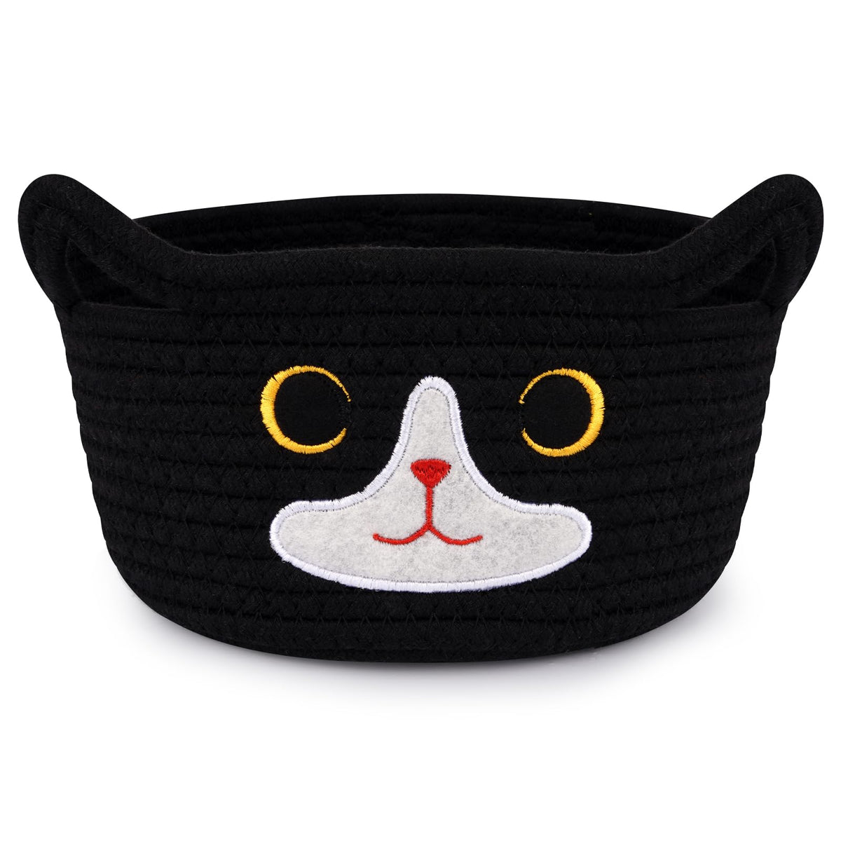 Hkojewp cat basket with embroidered face for blankets and toys.