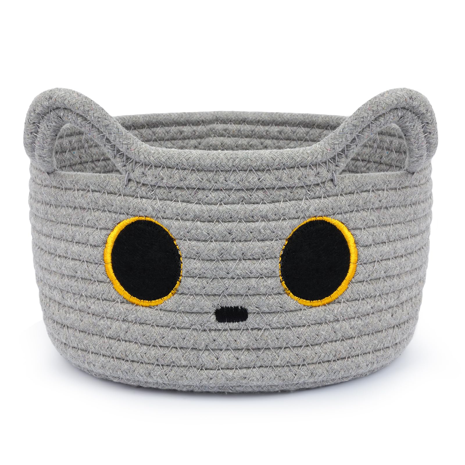 Hkojewp cat basket gray front view highlights durable cotton rope for tidy storage.