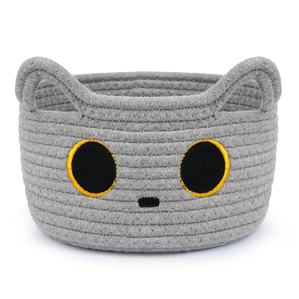 Hkojewp cat basket gray front view highlights durable cotton rope for tidy storage.