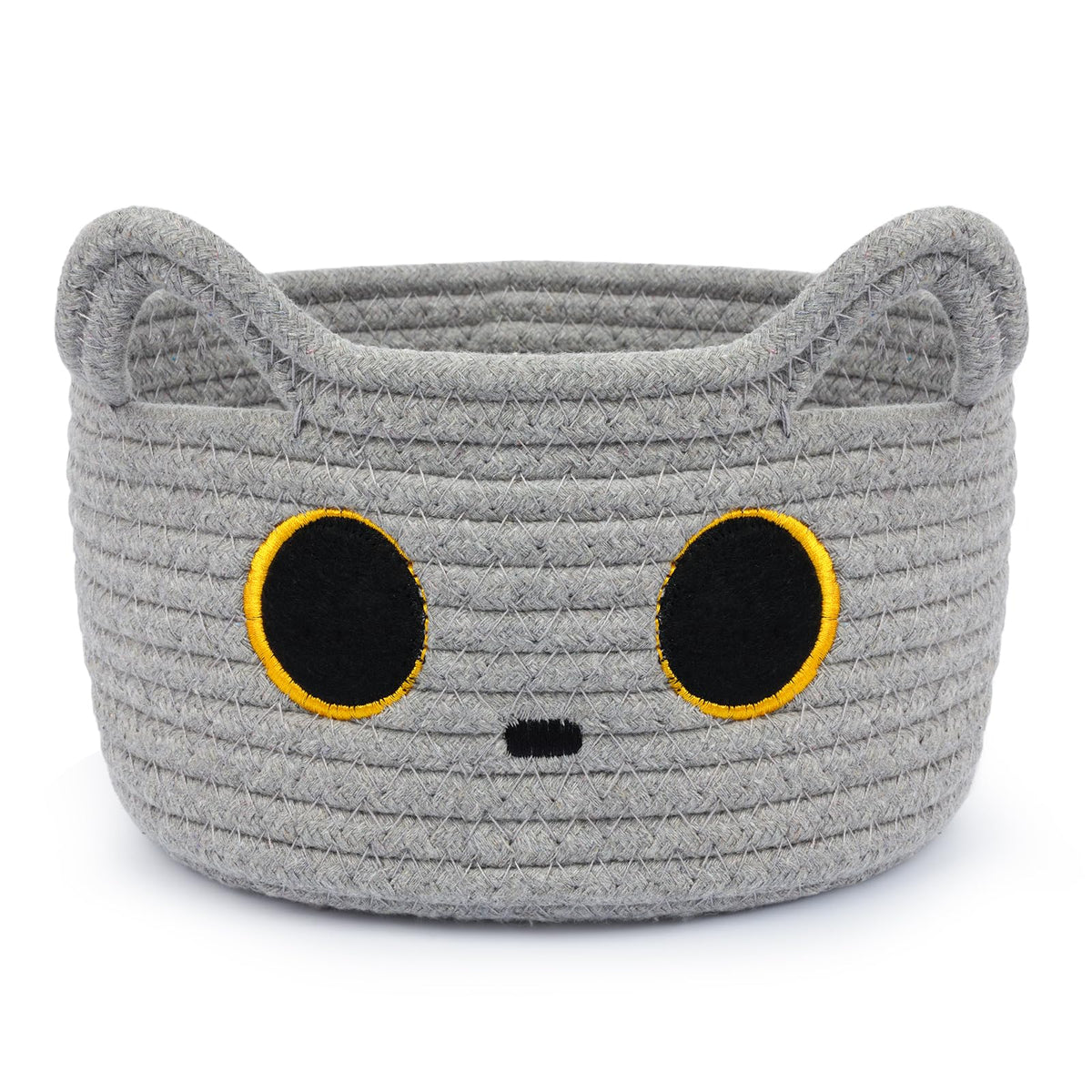 Hkojewp cat basket gray front view highlights durable cotton rope for tidy storage.