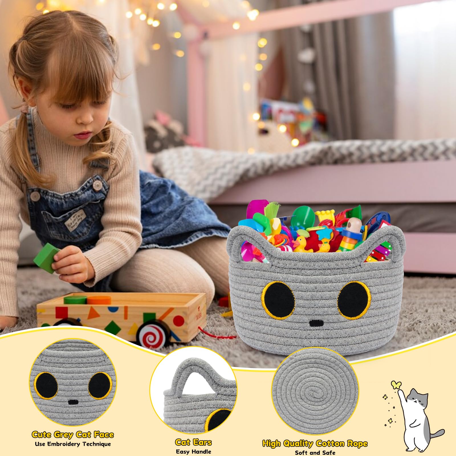 Hkojewp cotton rope basket with embroidery cat pattern adds decorative, practical storage in any room.
