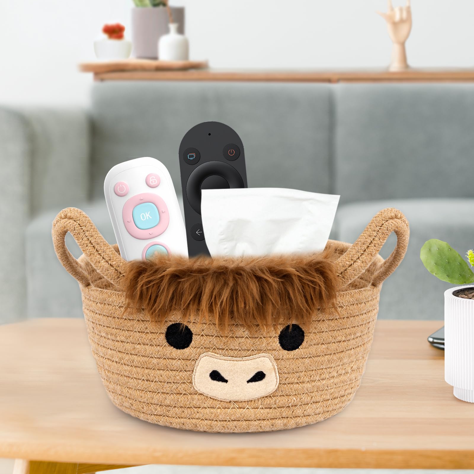 Hkojewp Highland Cow Basket decor storage—soft rope texture enhances nursery ambiance.