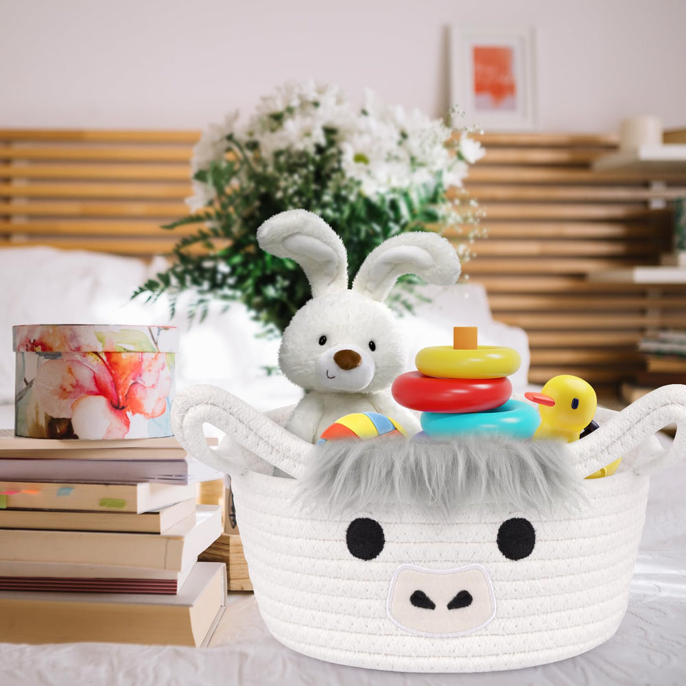 Hkojewp Highland Cow Basket close-up face embroidery highlights soft material.