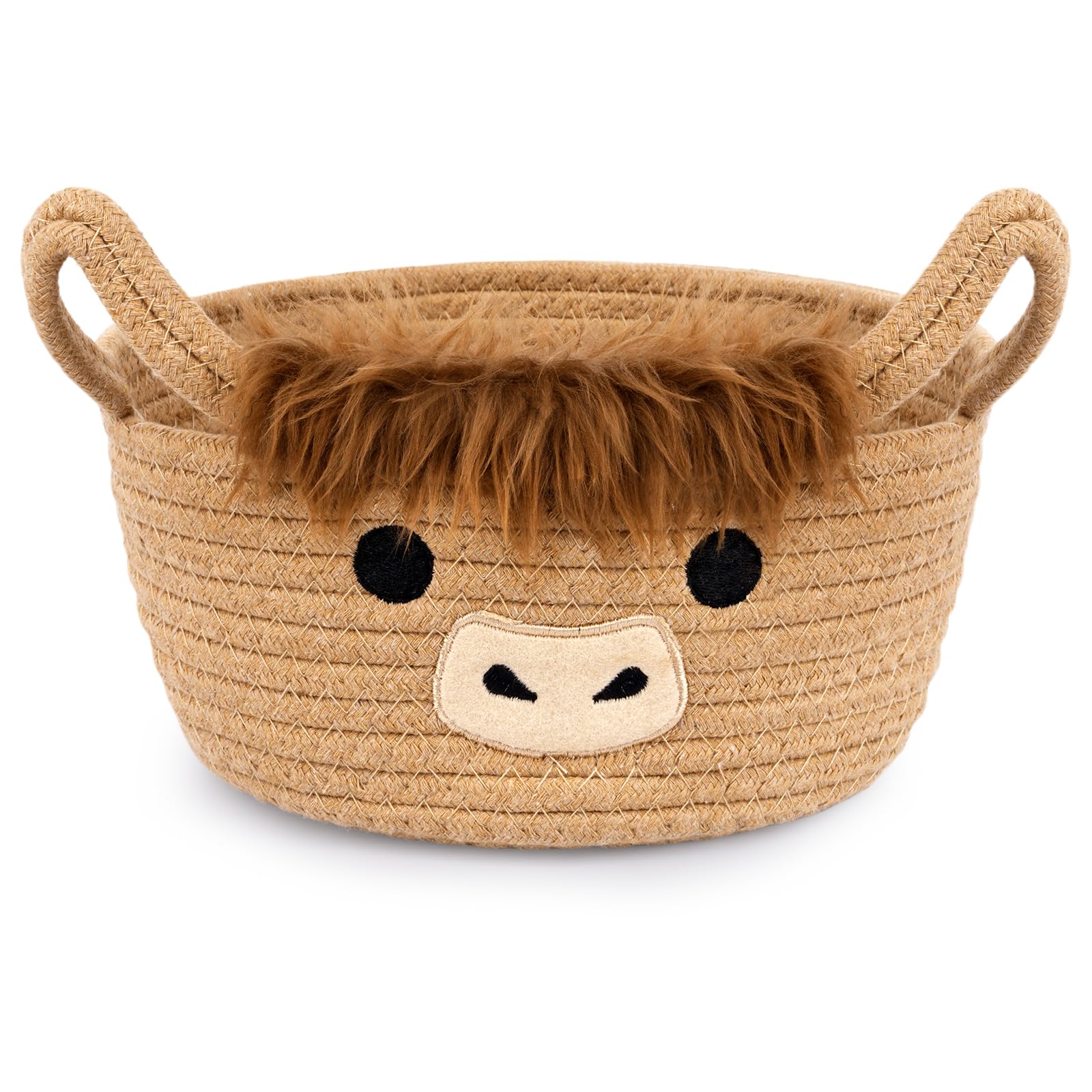 Hkojewp Highland Cow Basket front view—soft cotton and cute design for nursery storage.