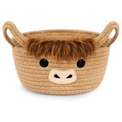 Hkojewp Highland Cow Basket front view—soft cotton and cute design for nursery storage.