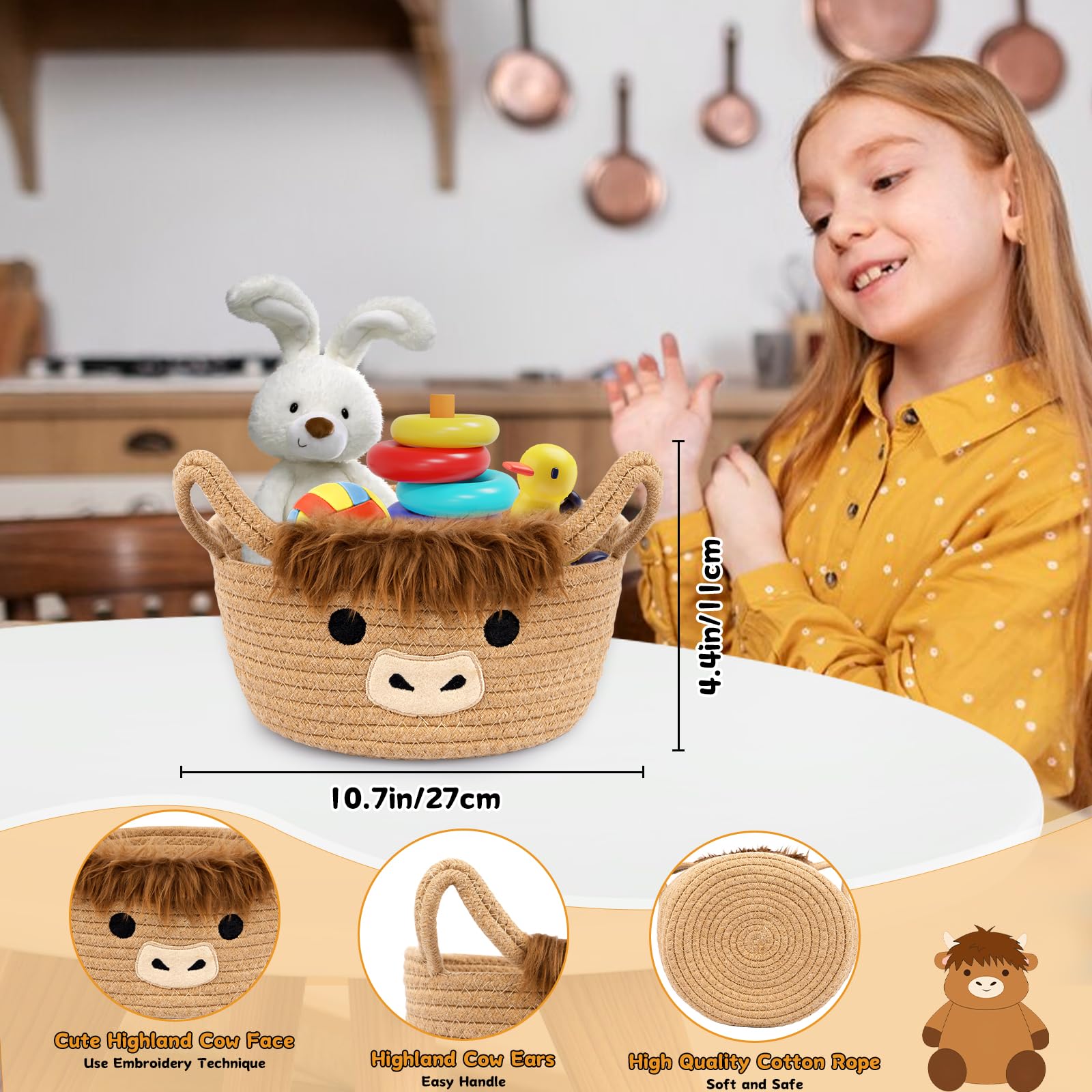 Hkojewp Highland Cow Basket handle closeup—ears design for easy carrying.