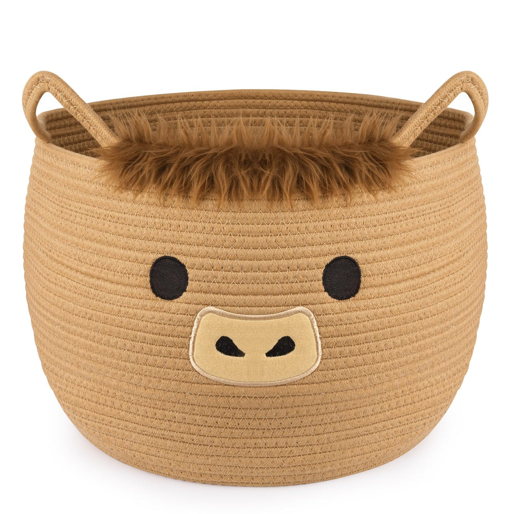 Hkojewp Highland Cow Basket in nursery setting storing blankets and toys