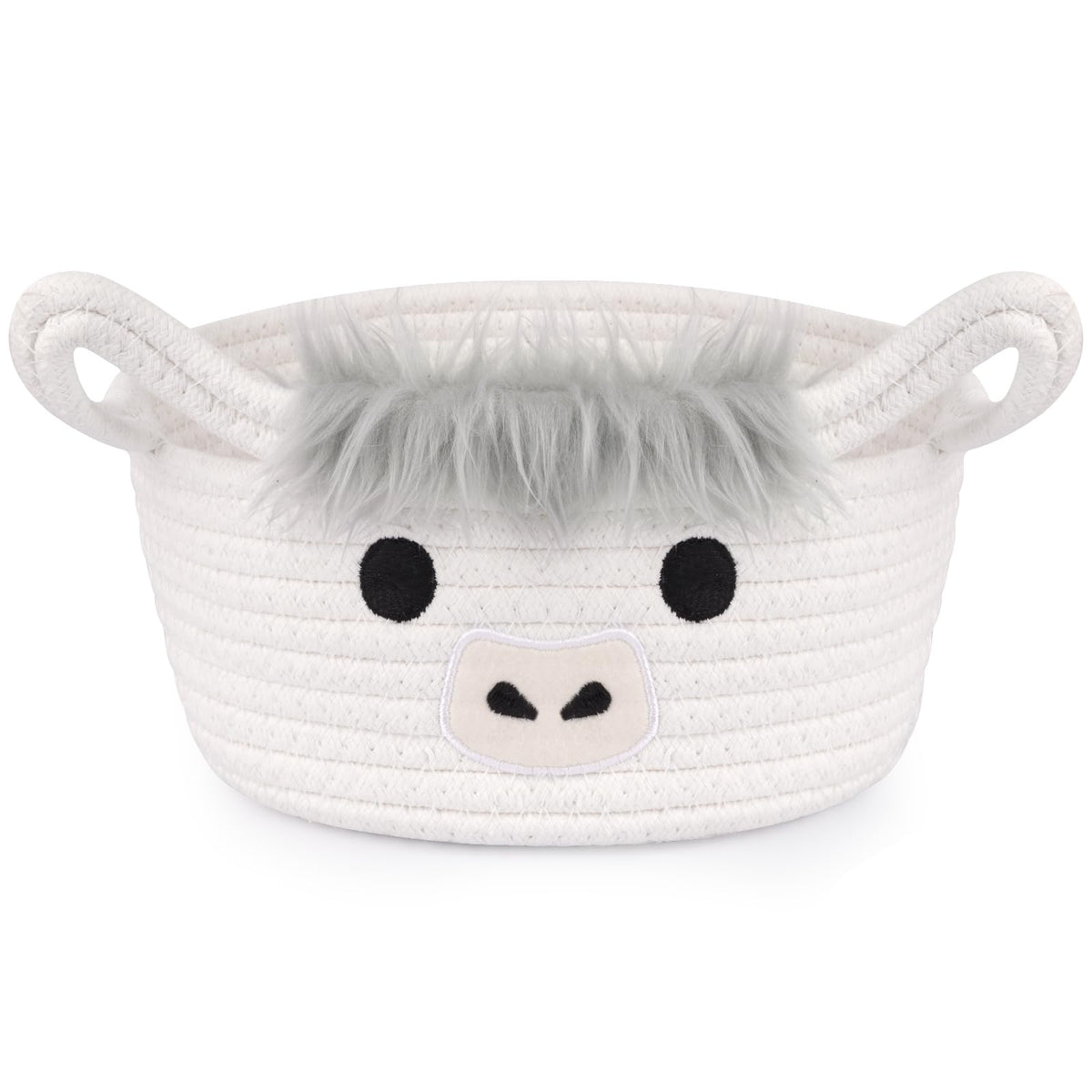 Hkojewp Highland Cow Basket on shelf for neat nursery organization.