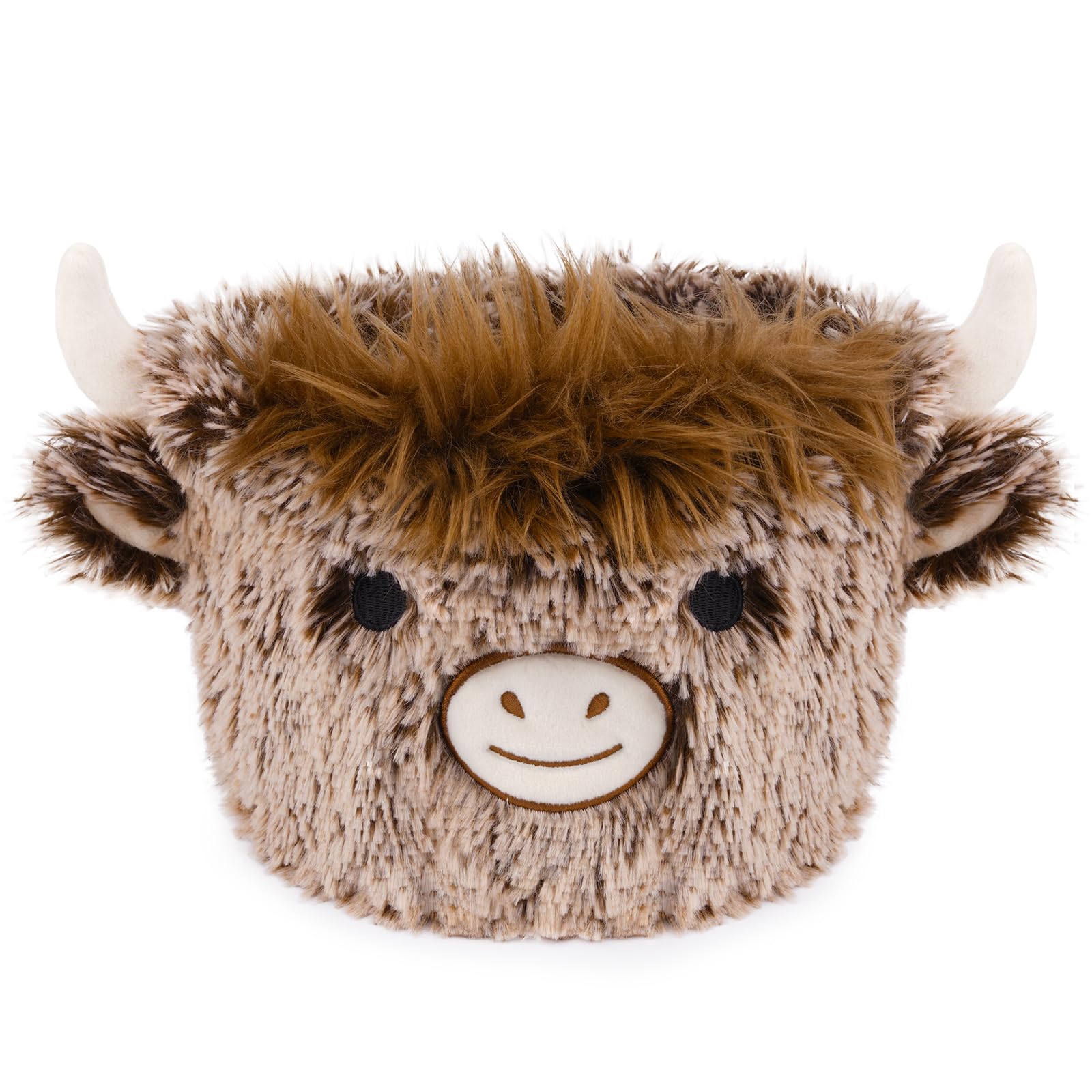 Hkojewp Highland Cow Plush Basket on a shelf keeps small items neatly organized.