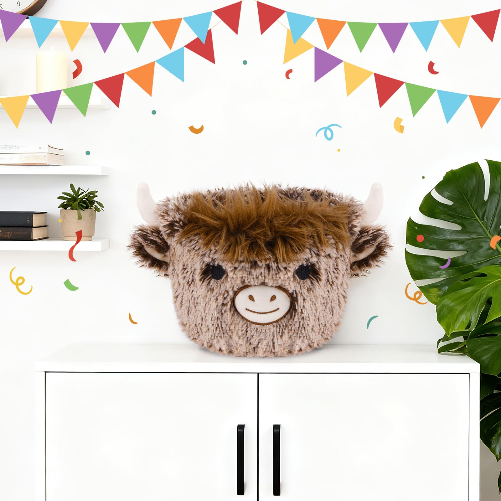 Hkojewp Highland Cow Plush Basket organizer holds small items for desks.