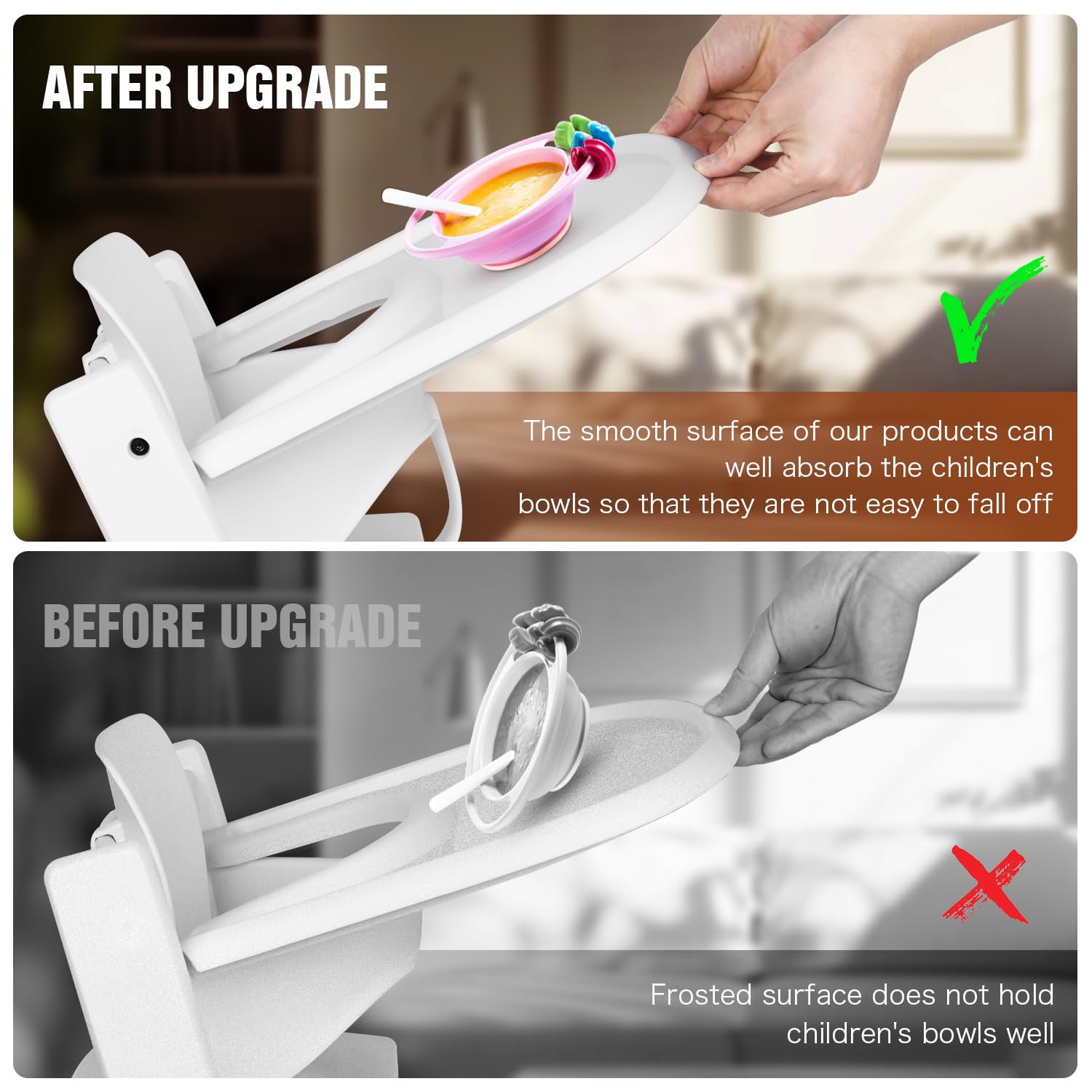 HLVEIN Tripp Trapp Tray demonstrates strong suction securing bowls on white surface.