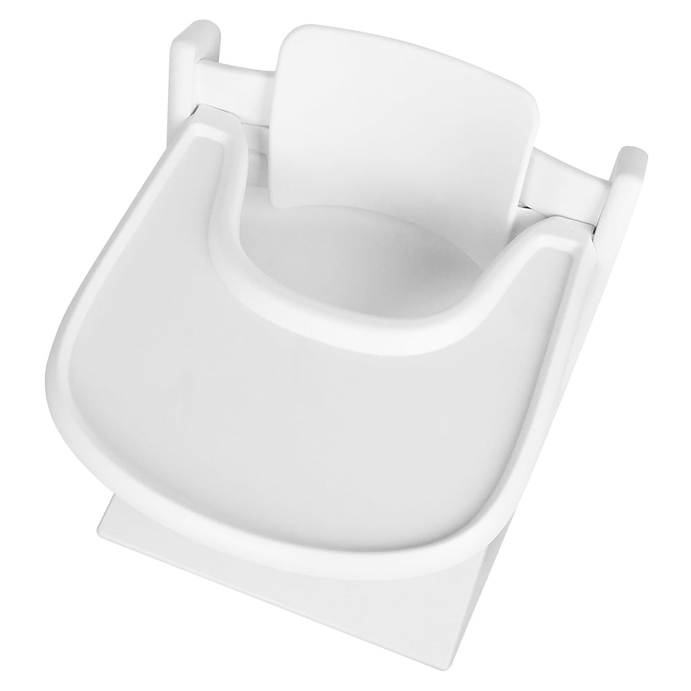 HLVEIN Tripp Trapp Tray with white smooth surface showing a stable meal setup.
