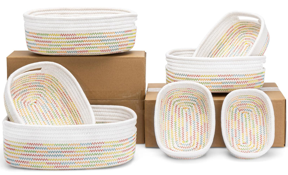 HLWDFLZ 7-piece cotton rope baskets arranged for nursery organization and toy storage.