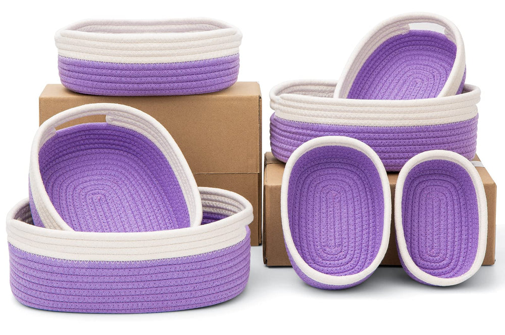HLWDFLZ 7-piece cotton rope basket set in nursery white and purple for organized toy storage.
