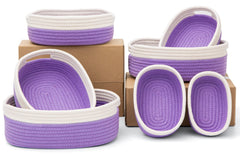 HLWDFLZ 7-piece cotton rope basket set in nursery white and purple for organized toy storage.
