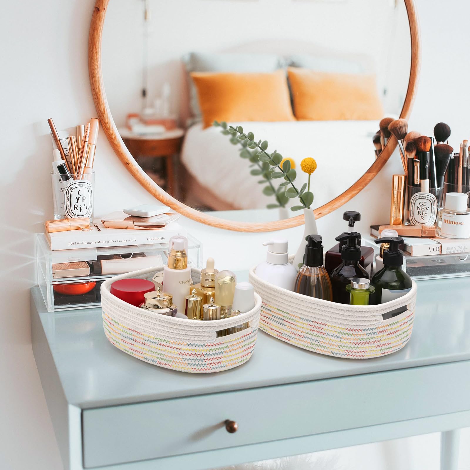 HLWDFLZ nursery baskets add calm storage with rainbow stitching.