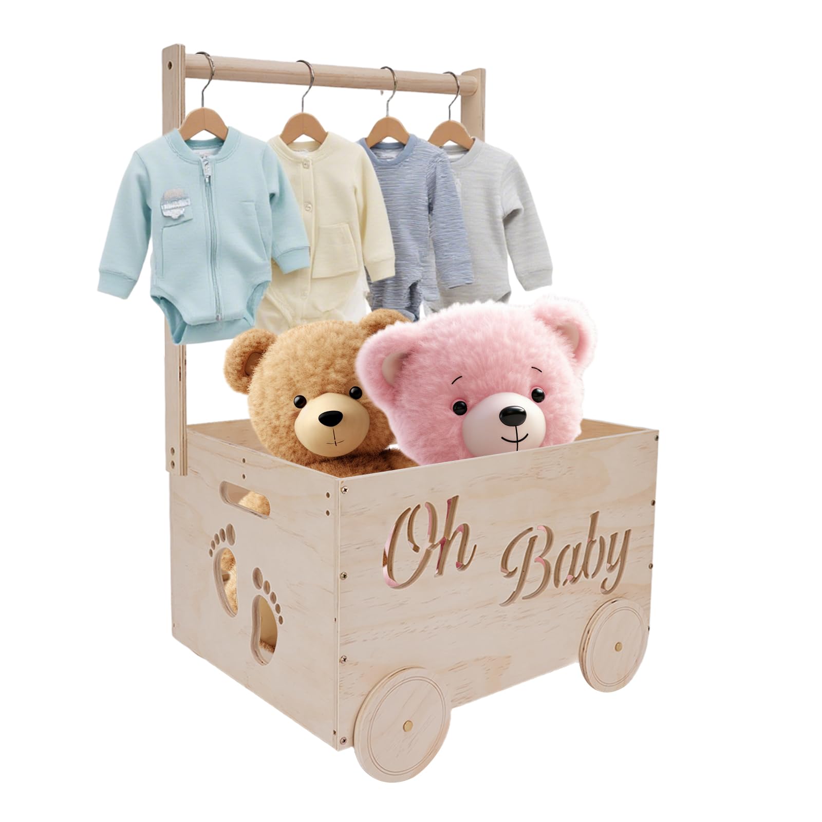 HMAZAE baby gift basket in a wood crate with handles and wheels for easy gifting.