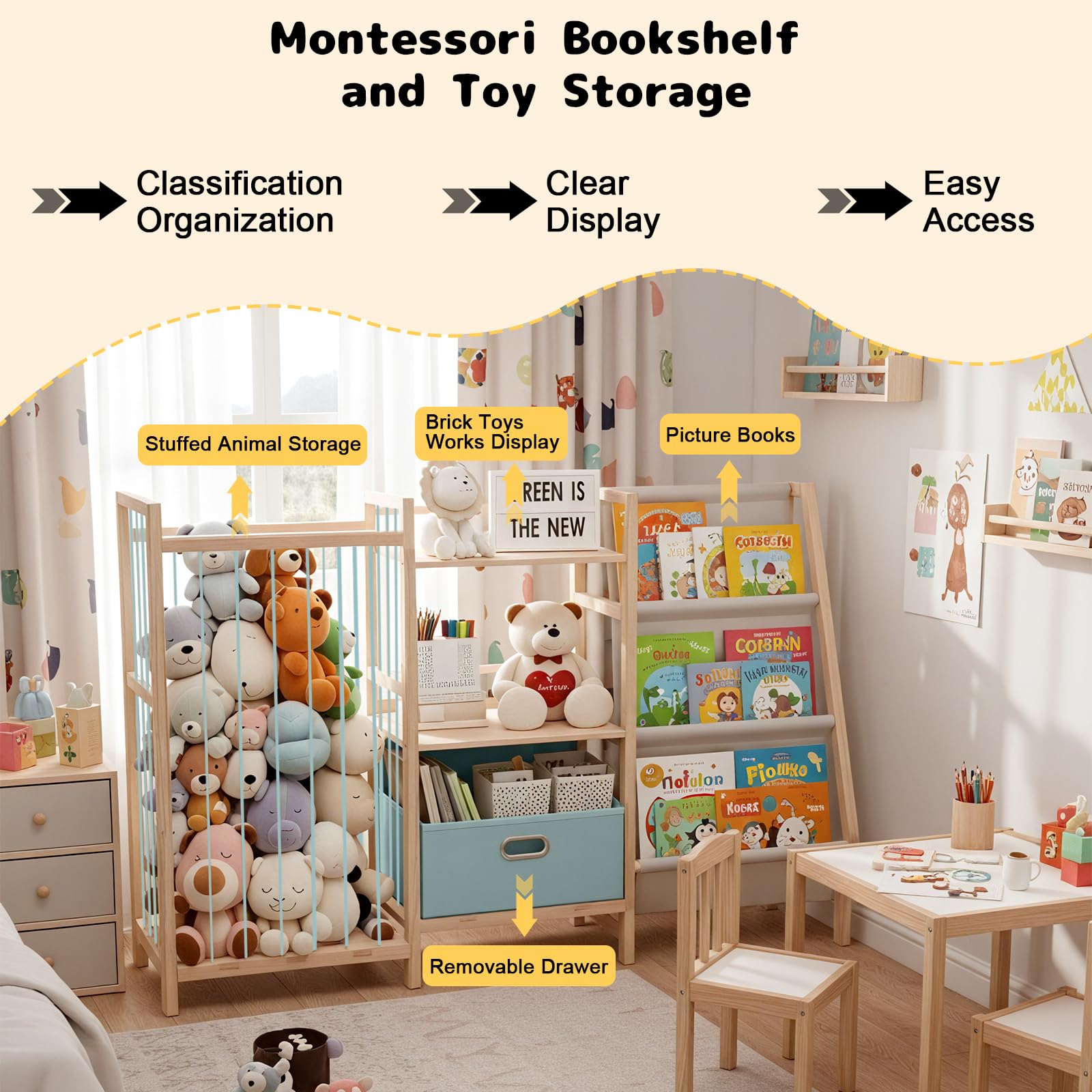 HMAZAE stuffed animal storage tower fits in bedrooms and playrooms with natural wood finish