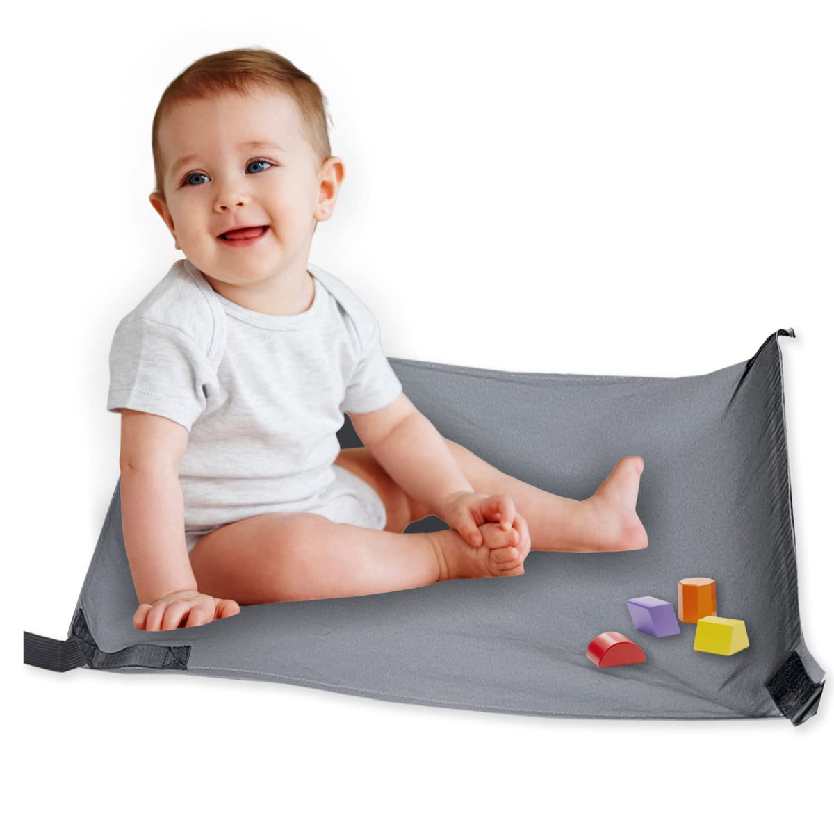 HMOCK toddler airplane bed setup shows leg-supporting foot hammock for comfortable flights