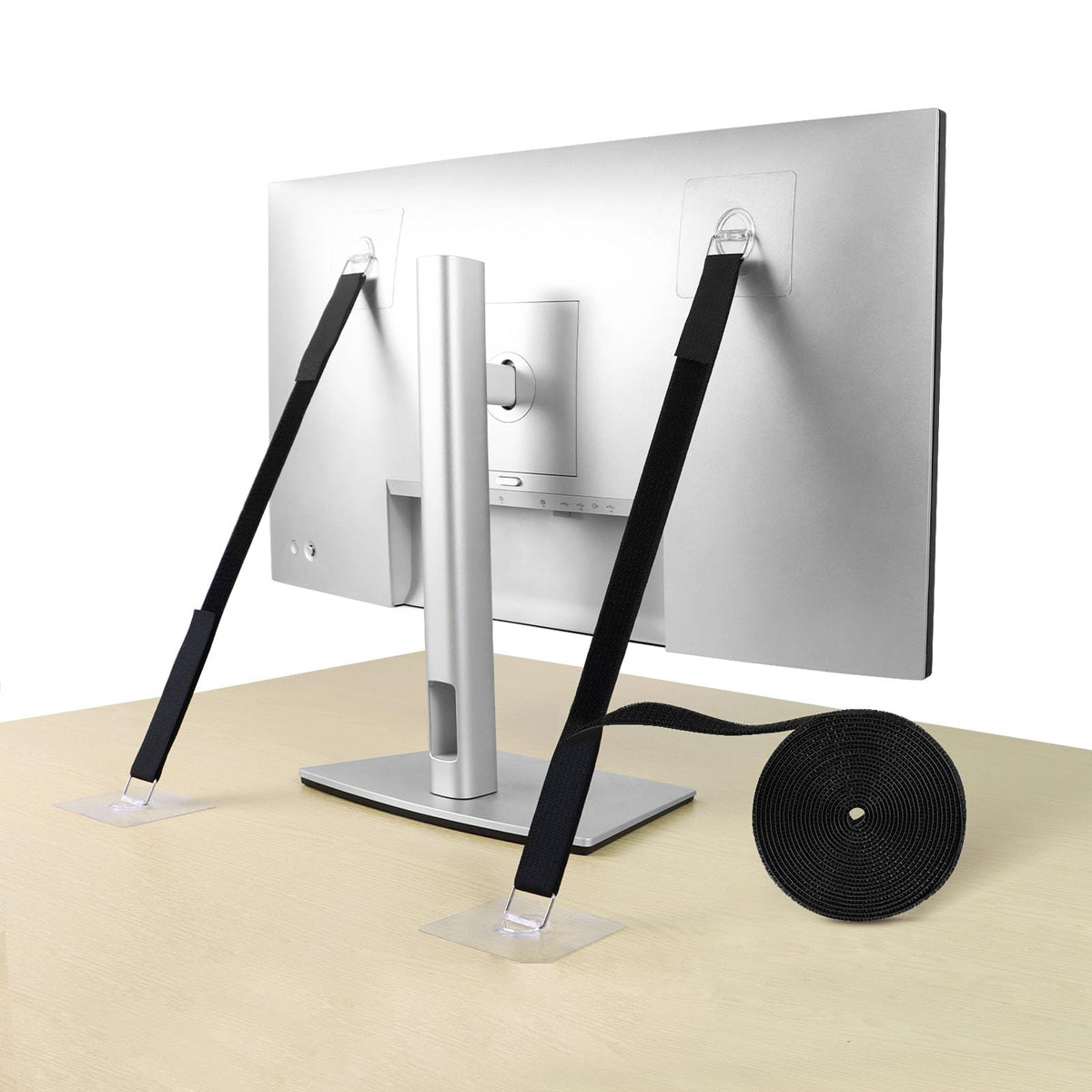 HMOKGRT cut-to-length TV safety straps secure a flat screen without drilling