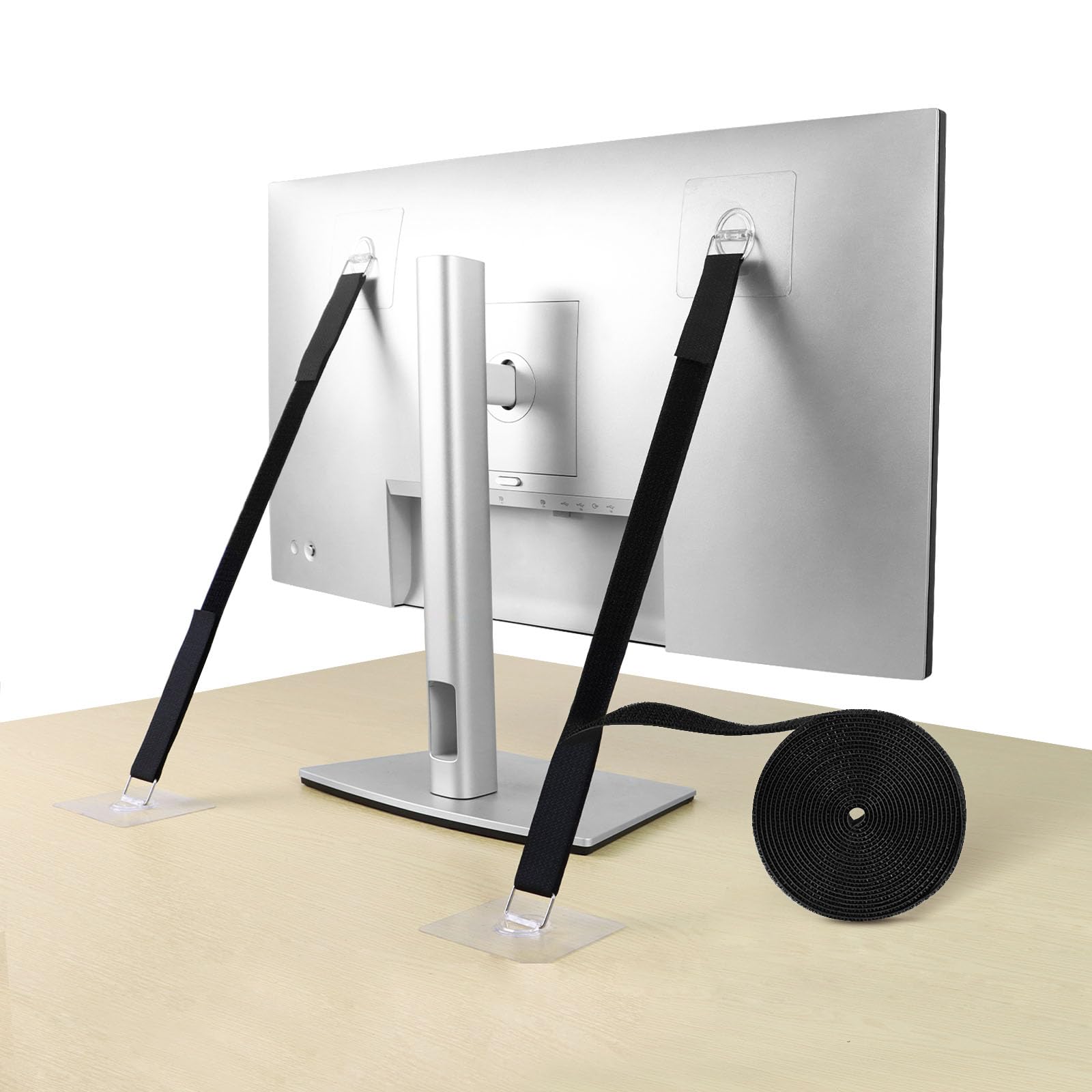HMOKGRT cut-to-length TV safety straps showing tool-free mounting for secure TV setup.