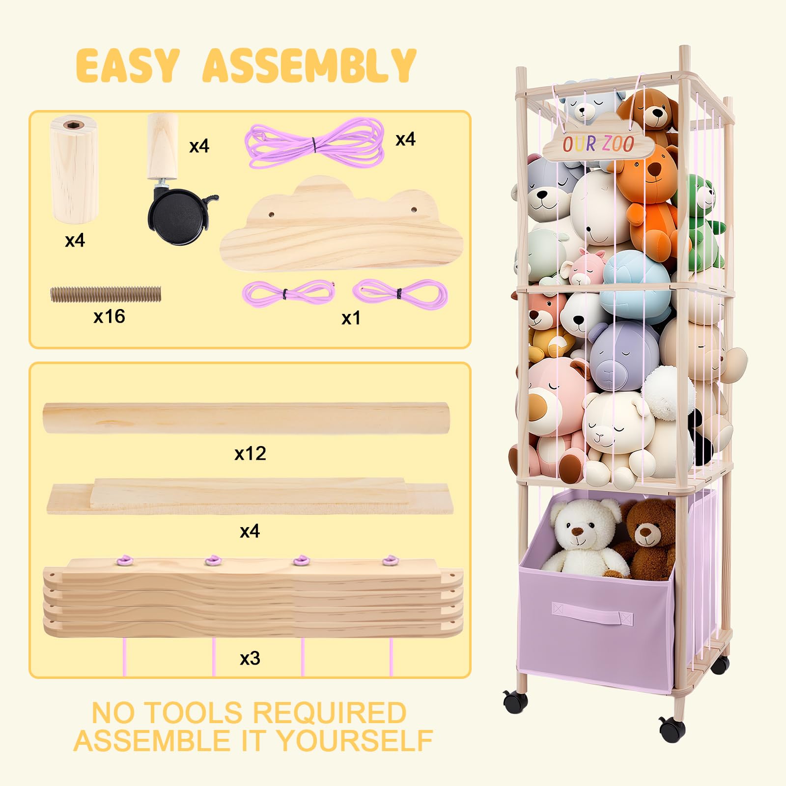 HMAZAE storage in use displays a tidy, reachable plush tower for kids.