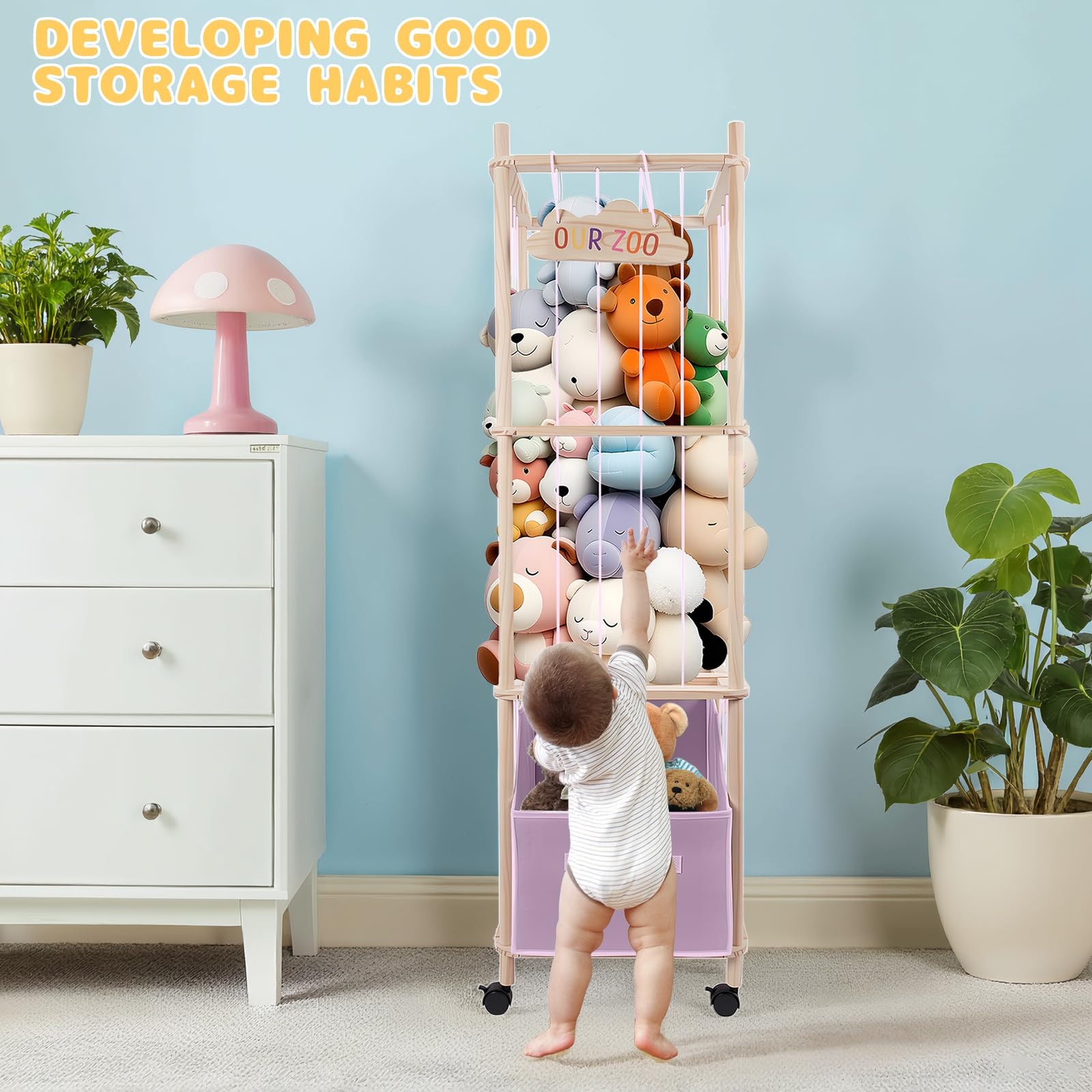 HMAZAE wooden frame highlights natural pine durability in a plush toy organizer.