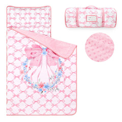 HNHUAMING nap mat rolled for easy travel with pink bow.