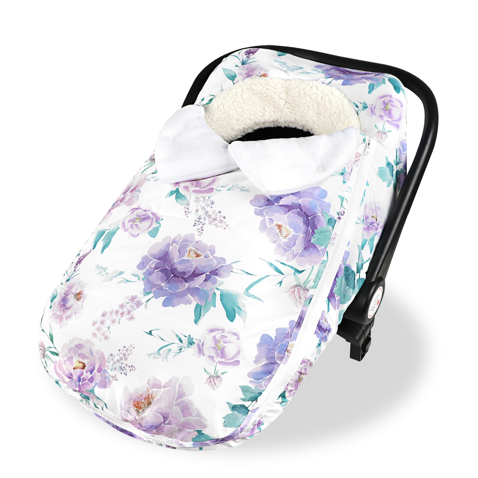 HNHUAMING winter car seat cover front view with purple floral pattern for cozy newborn warmth.