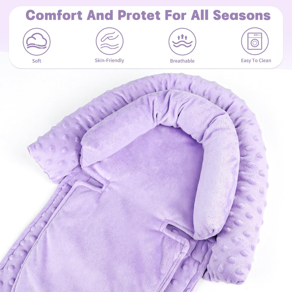 HNHUAMING baby head and body cushion purple provides neck and body stability during travel.