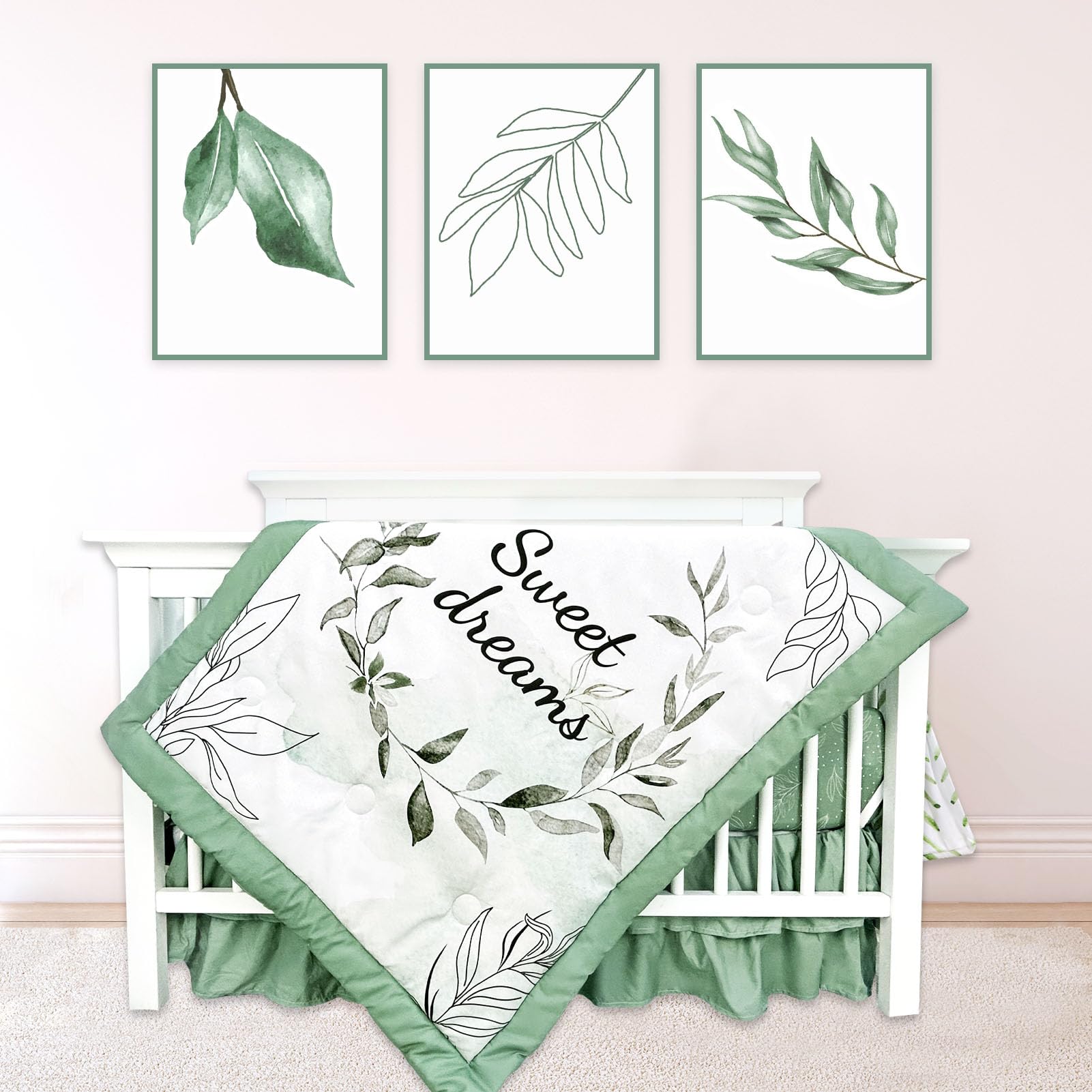 HNHUAMING Green Leaf crib quilt offers cozy, sage-toned comfort for a calm nursery