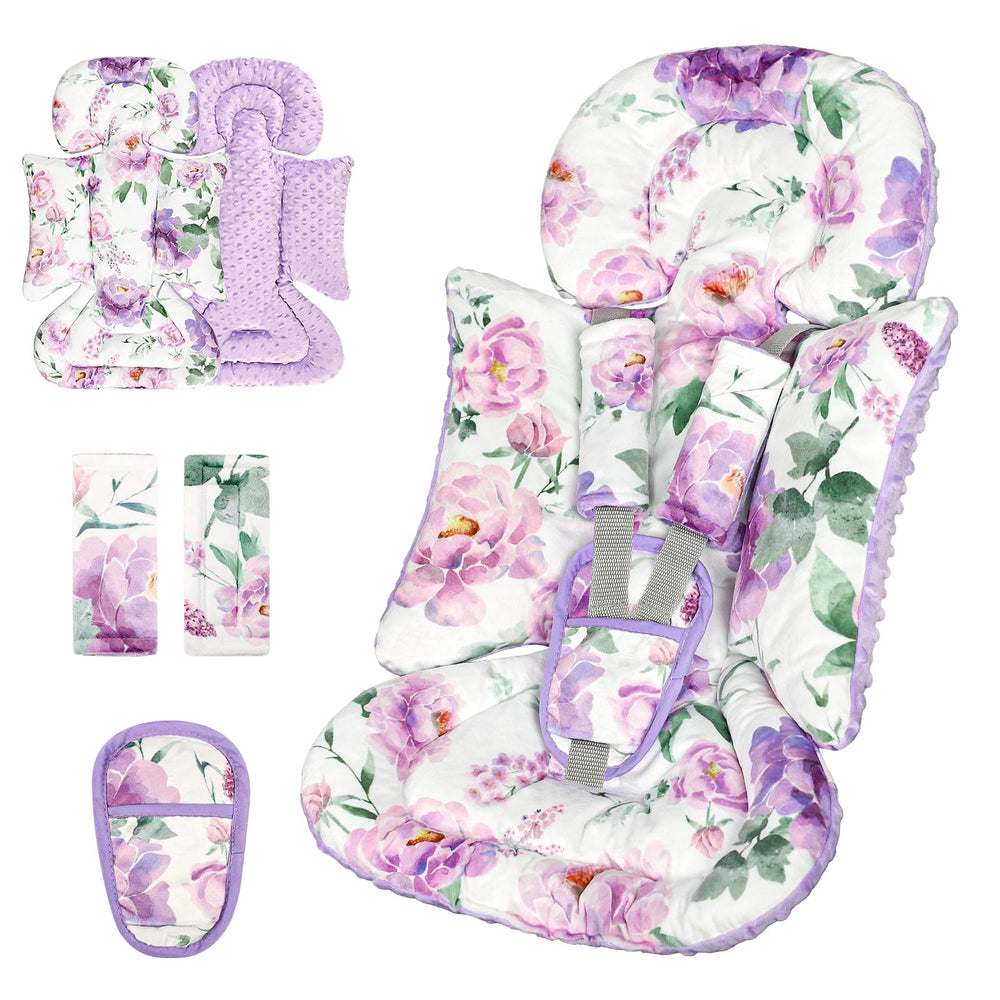 HNHUAMING infant car seat insert with purple floral pattern provides soft head support during travel.