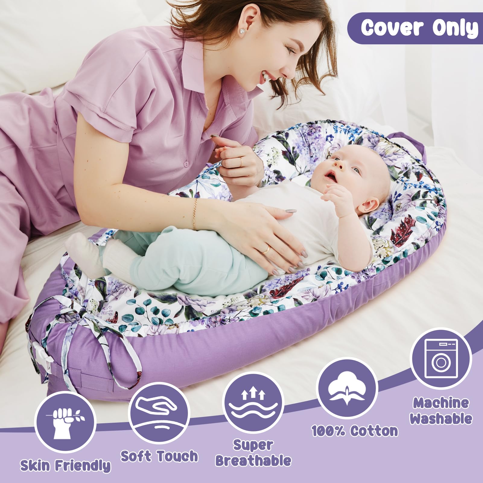 HNHUAMING baby lounger cover reversible floral and purple design