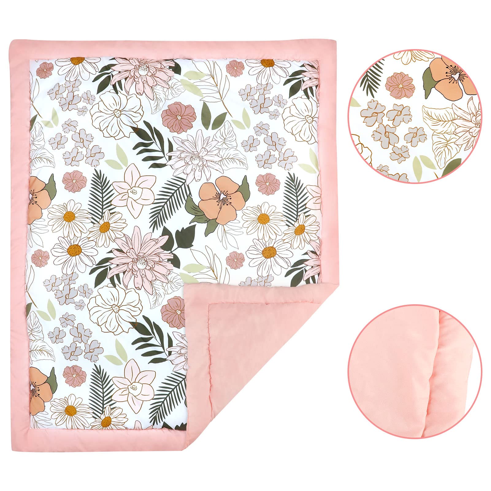 HNHUAMING pink Daisy crib skirt detail highlights stylish, tidy crib decor.