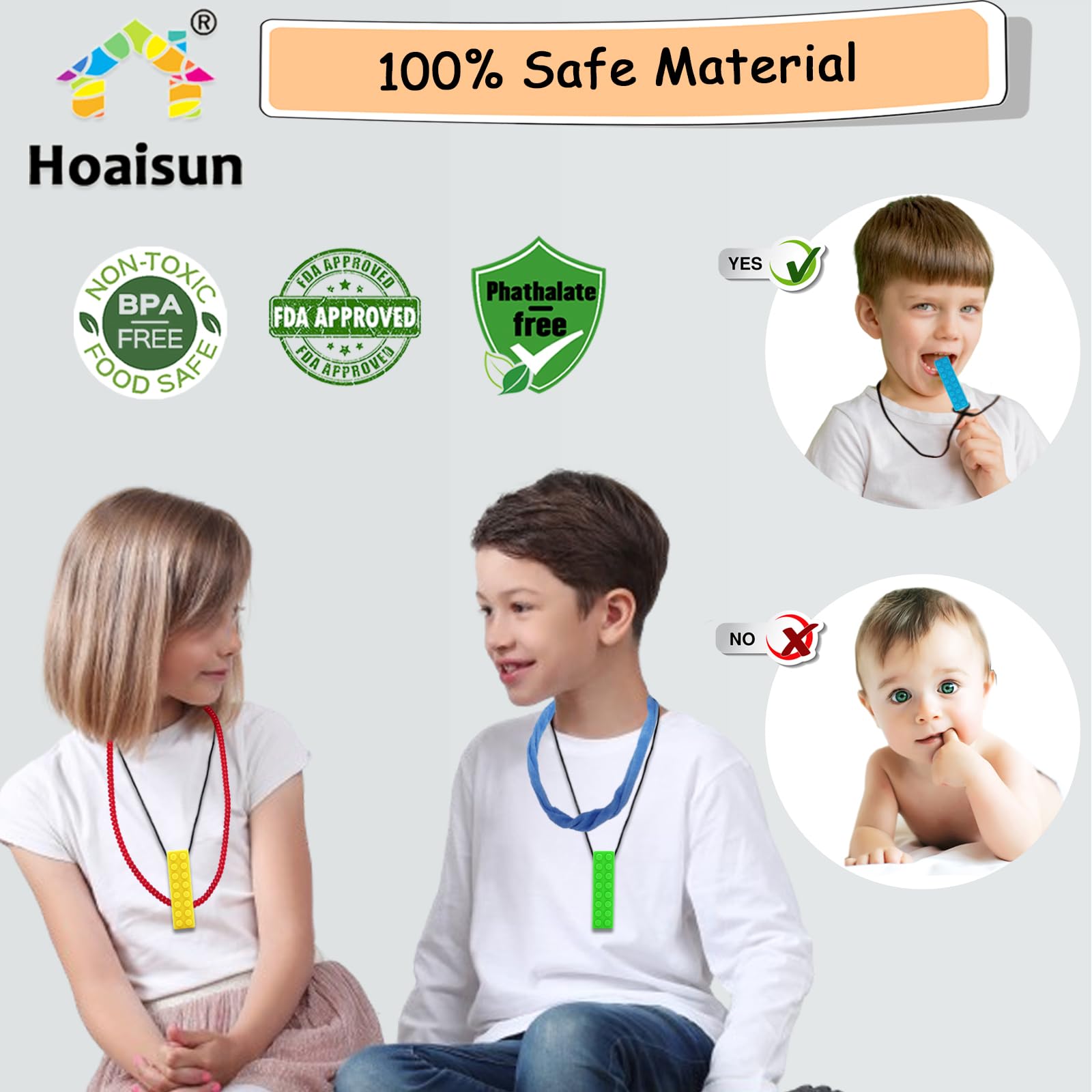 Hoaisun building blocks teething necklace close-up supports oral sensory needs.