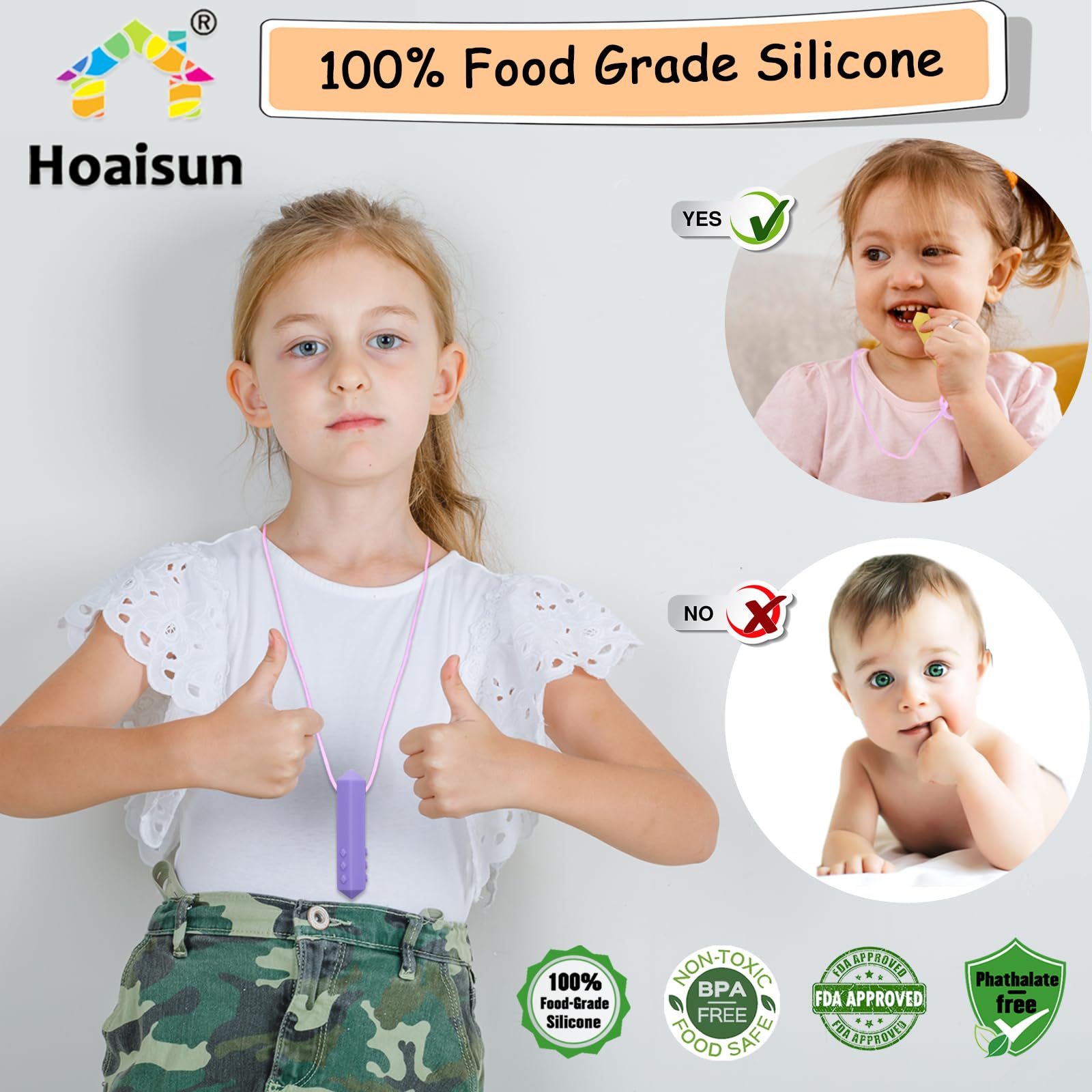 Hoaisun chew necklace with crayon shapes promotes calming, bite-safe sensory chewing.