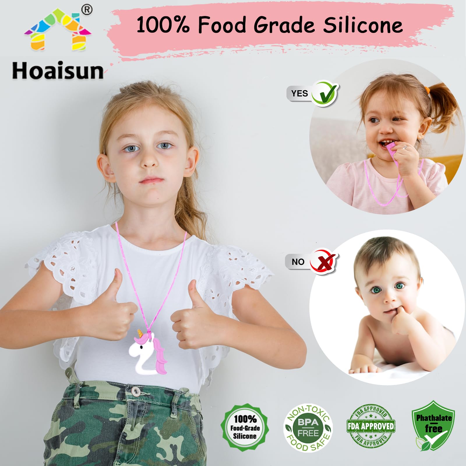 Hoaisun unicorn chew necklace provides tactile sensory input for anxious moments.