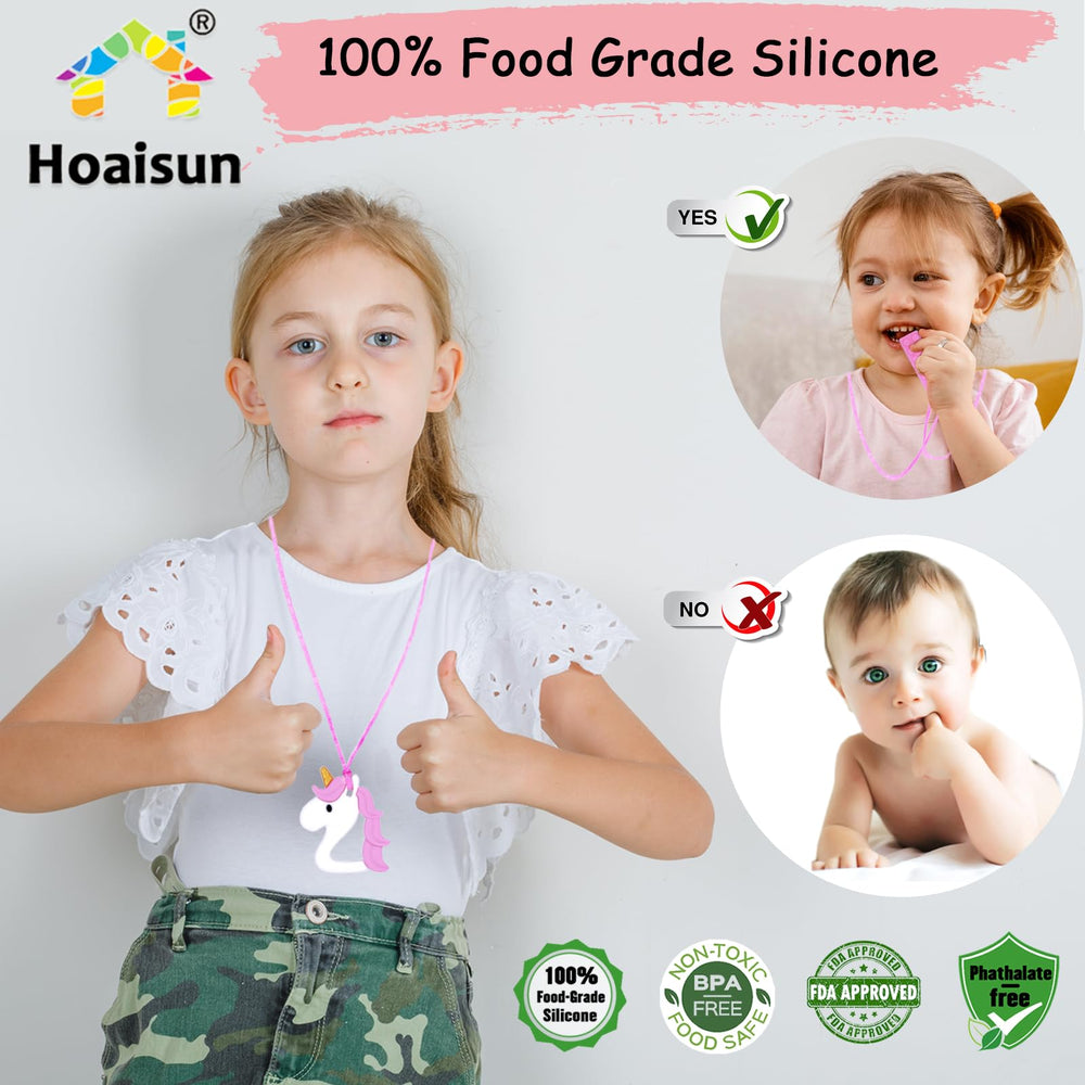 Hoaisun unicorn chew necklace provides tactile sensory input for anxious moments.
