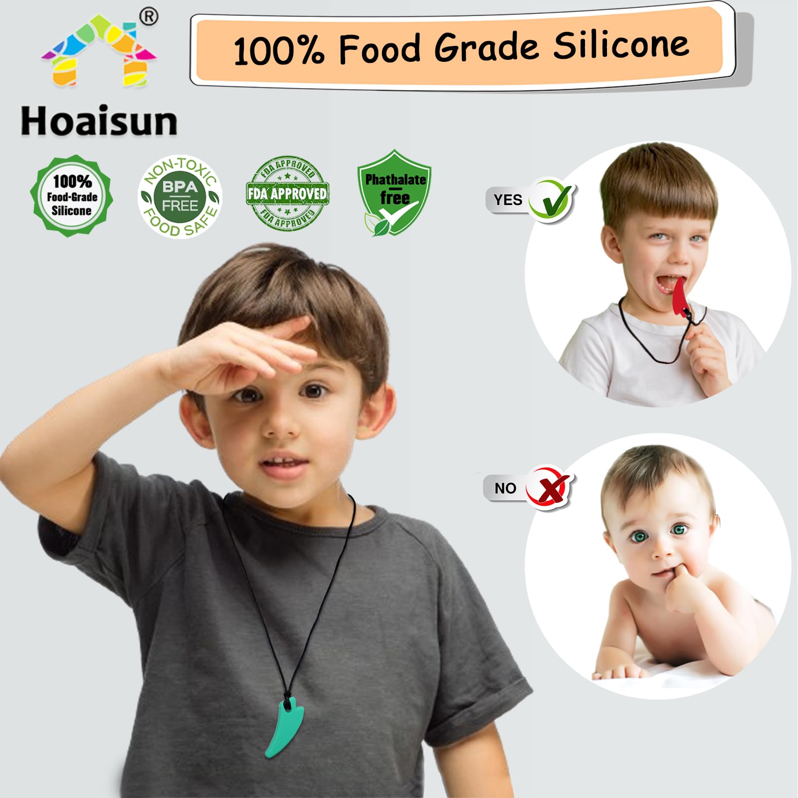Hoaisun chewing necklace blue saber-tooth pendant helps calm kids during tasks.