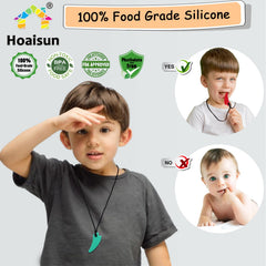 Hoaisun chewing necklace blue saber-tooth pendant helps calm kids during tasks.