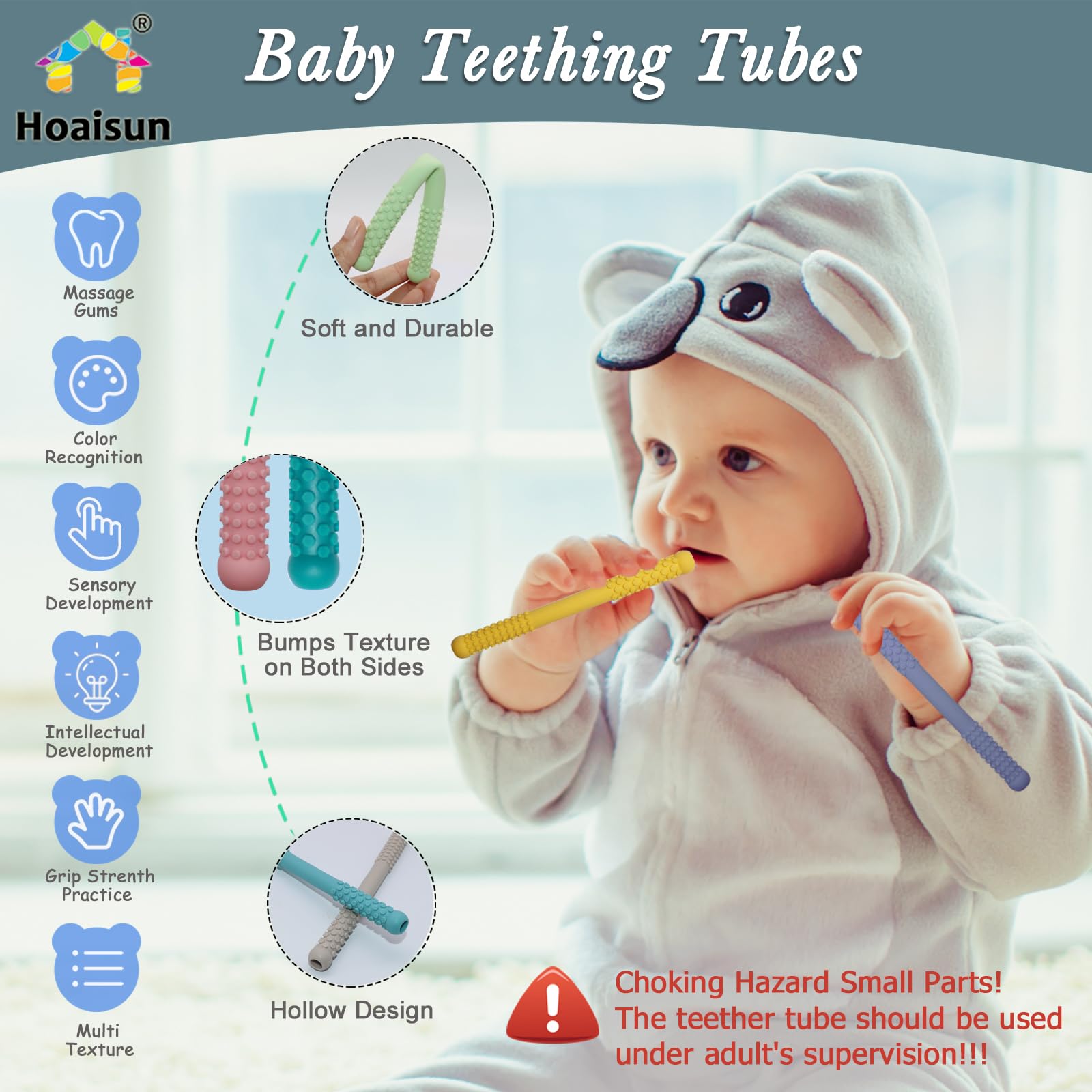 Hoaisun silicone teether is dishwasher safe for quick sanitizing.