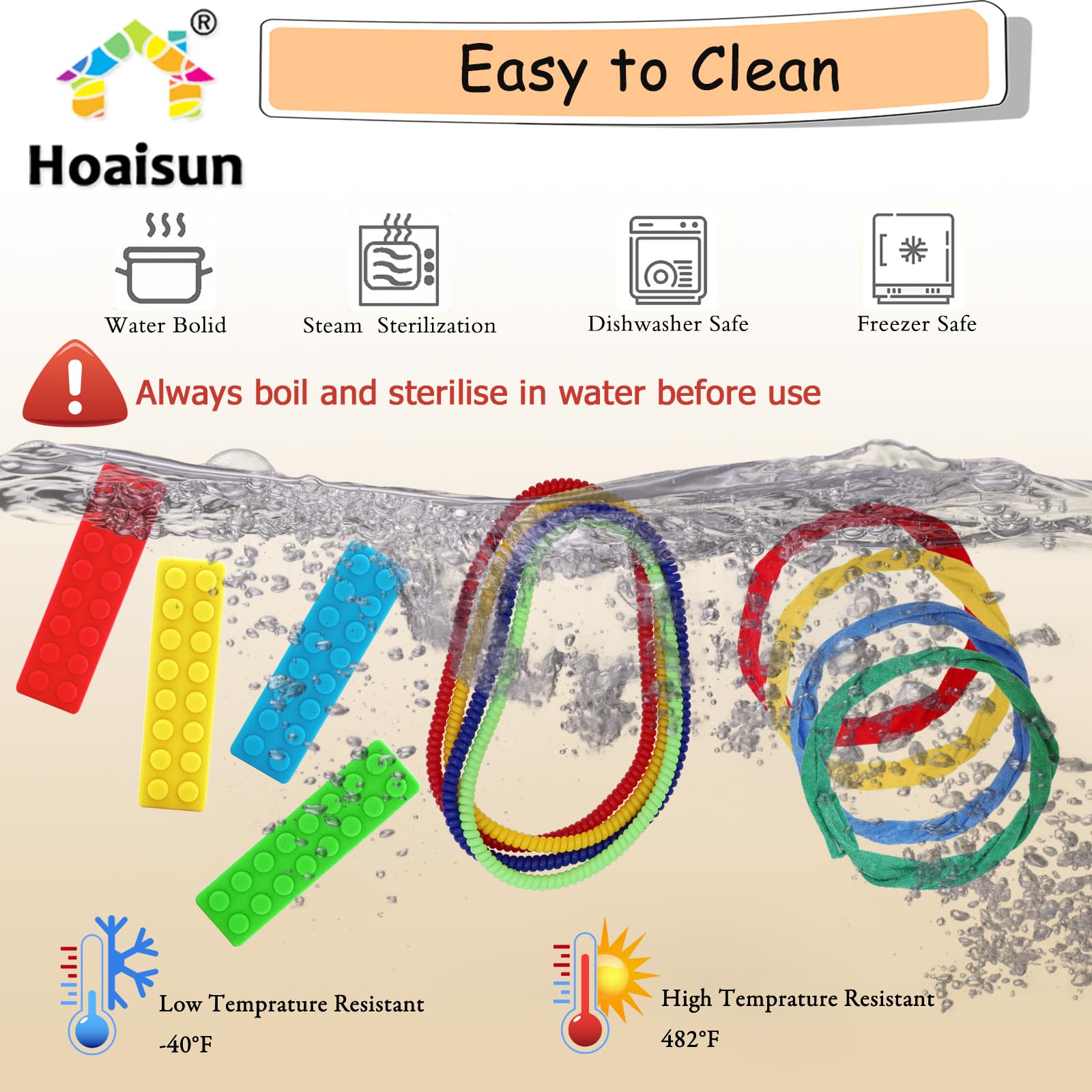 Hoaisun safe materials image communicates BPA-free silicone safety for families.