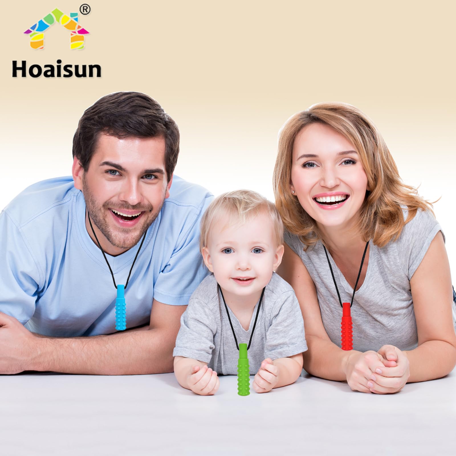 Hoaisun necklace worn by adult and child for soothing sensory needs