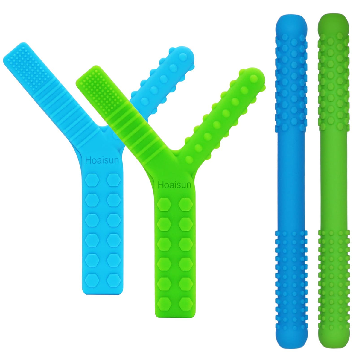 Hoaisun sensory chew toys front view; four-pack for calm, focused play.