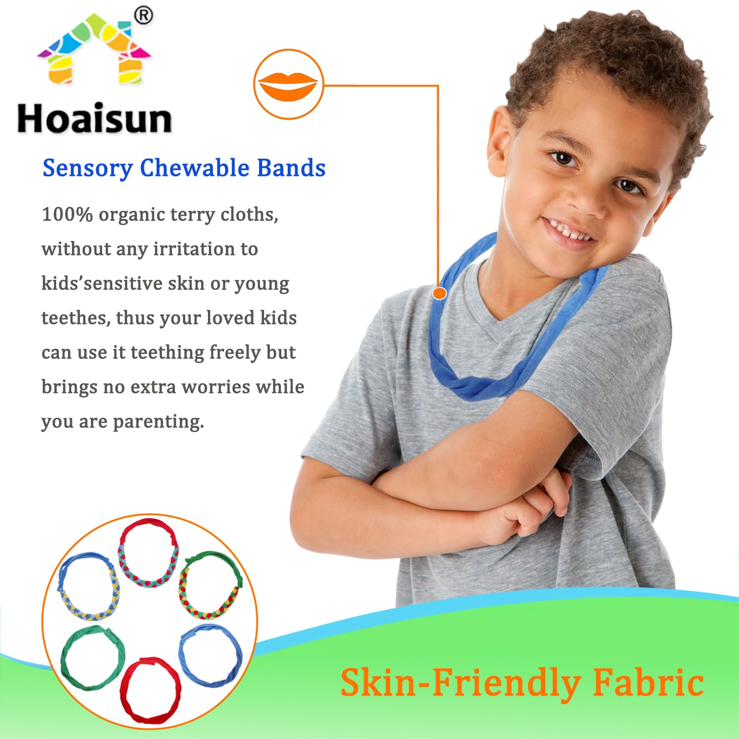 Hoaisun sensory kids necklace worn by child during classroom activities for focus.
