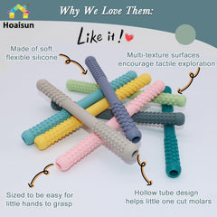 Hoaisun two-ended-texture teether provides gentle gum massage on contact.