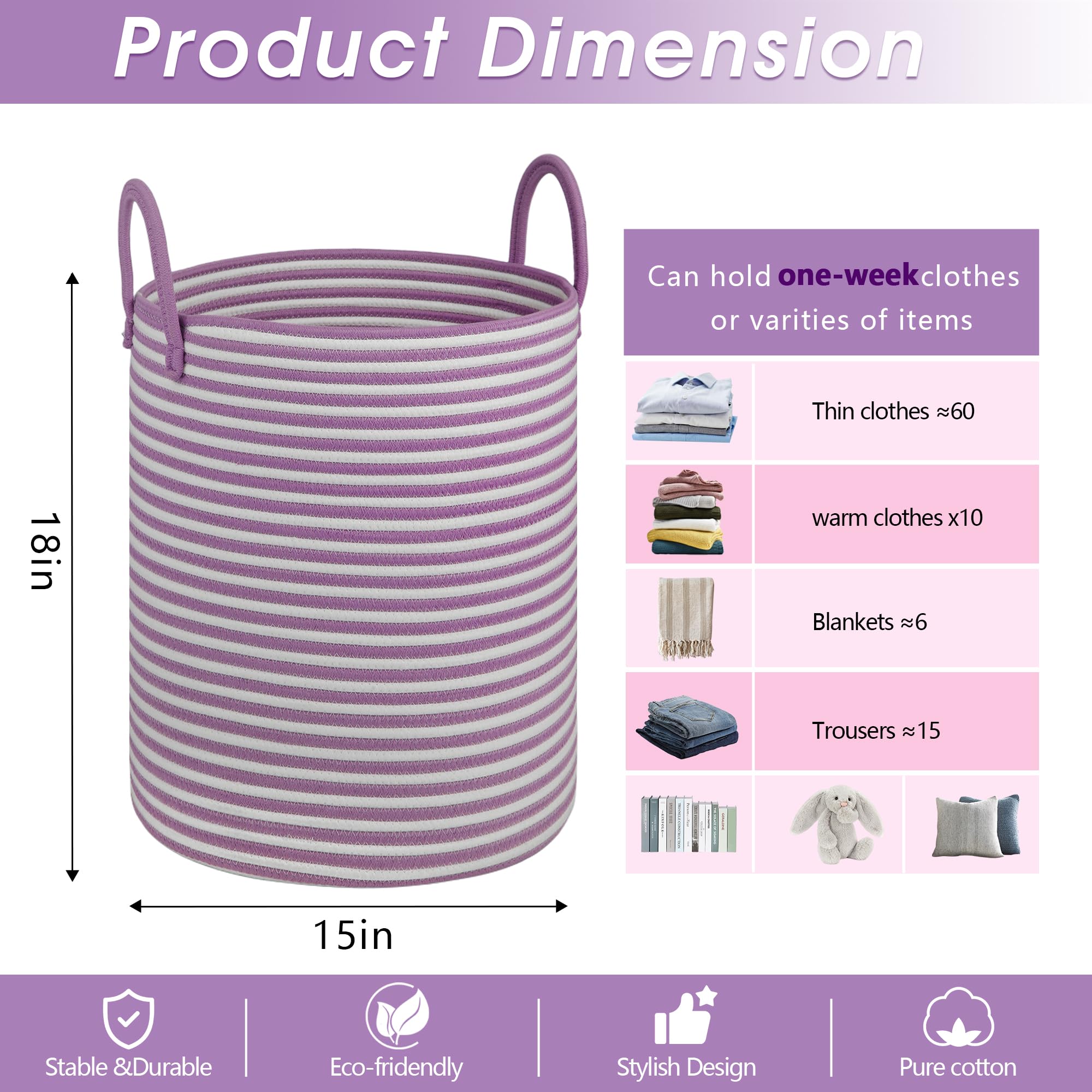 HOBASKET 55L cotton rope basket filled with blankets in a cozy nook.